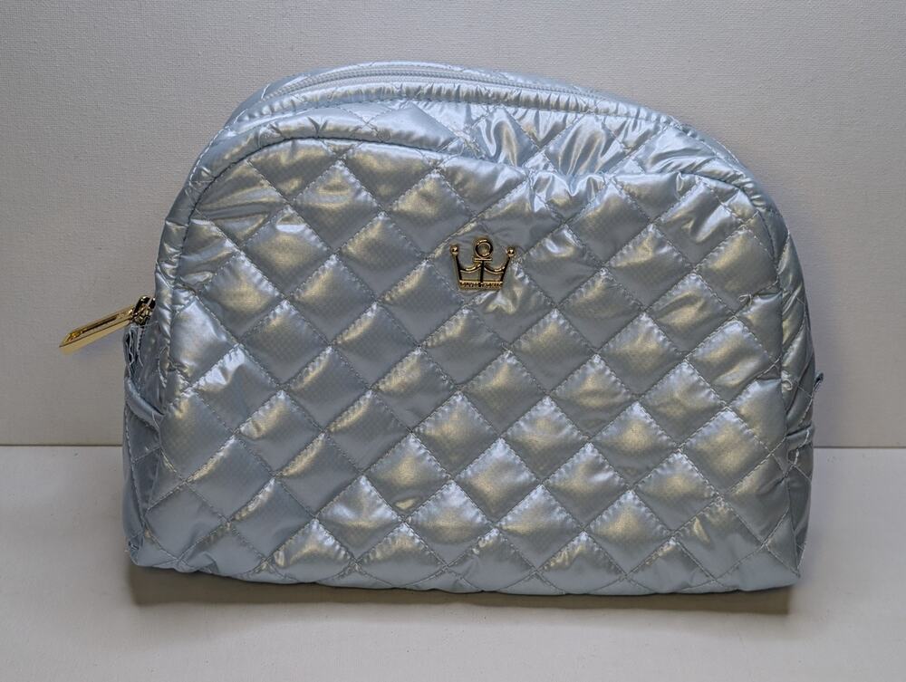 Oliver Thomas Silver Quilted Cosmetic Bag Makeup Travel Pouch Gold Crown